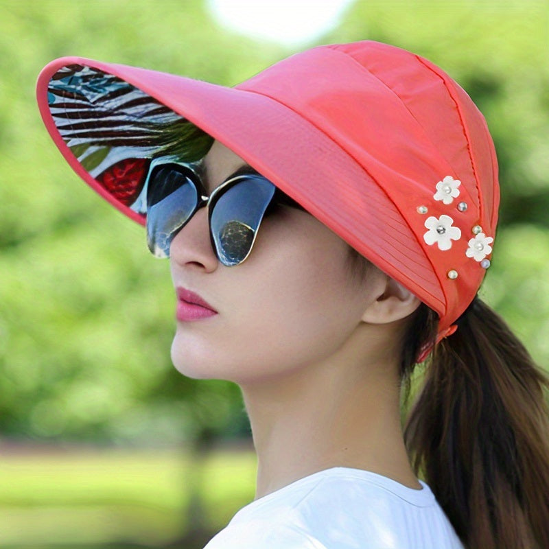 Wide Brim Sun Visor Foldable Picnic Hat Beach UV Protection Scallop Cap For Outdoor With Faux Pearl & Flower; Women's Hat & Caps Doba 6# Watermelon Red